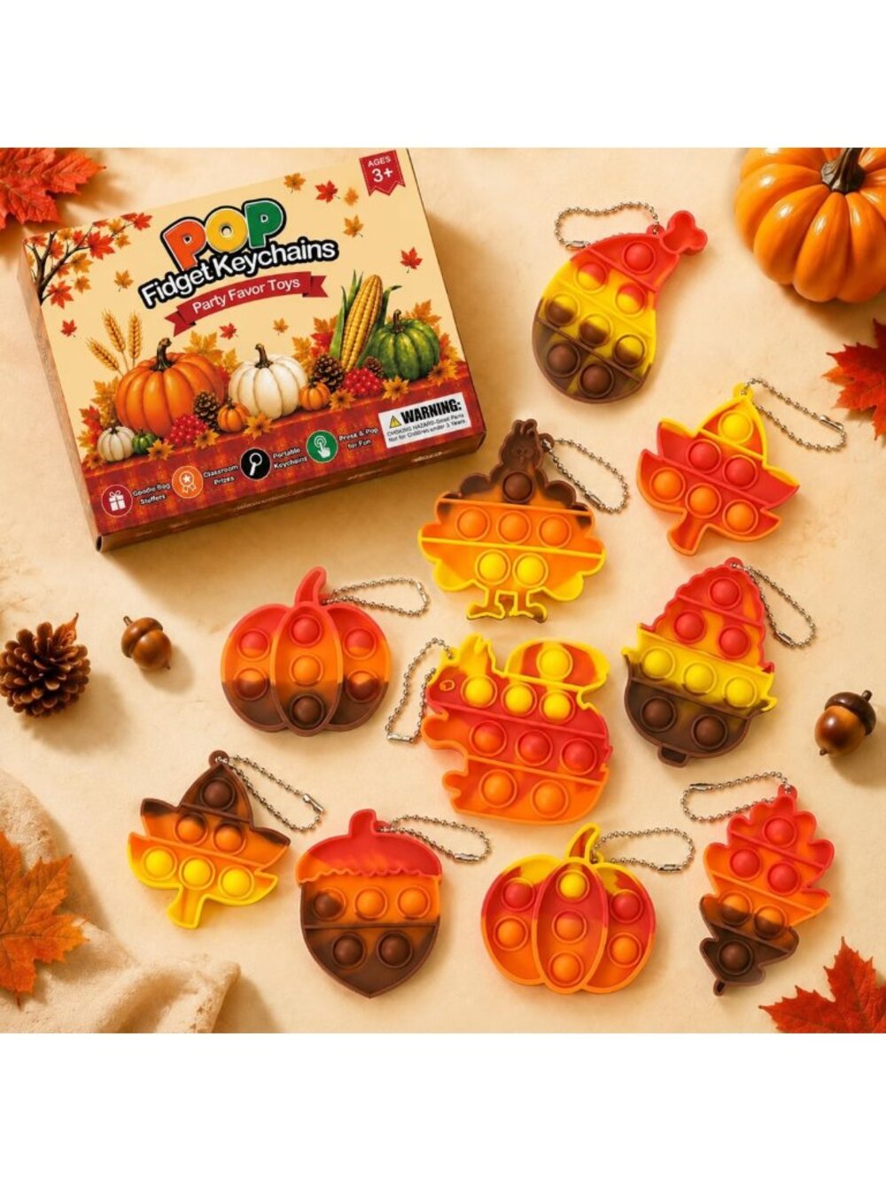 64 PCS Fall Toys & Treats - Bulk Thanksgiving Fidget Keychains & Prizes